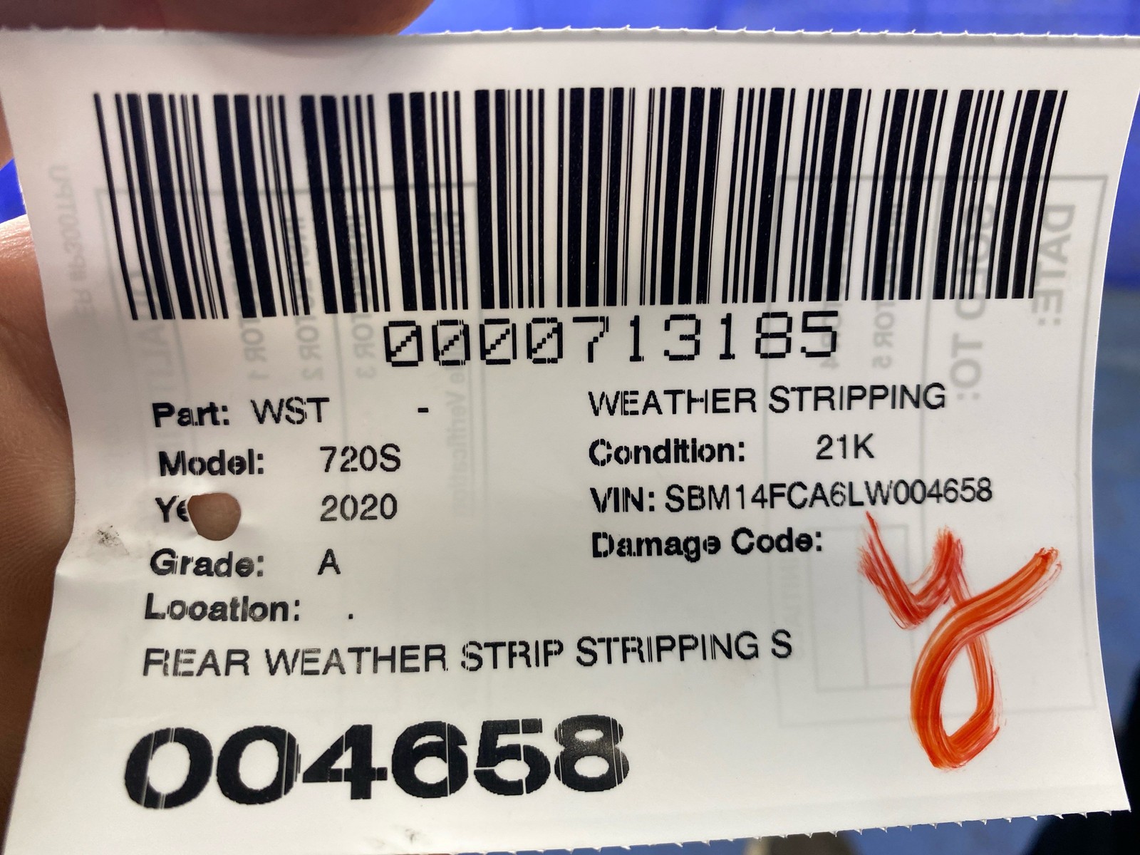 2018-2023 MCLAREN 720S REAR WEATHER STRIP STRIPPING SEAL RUBBER OEM