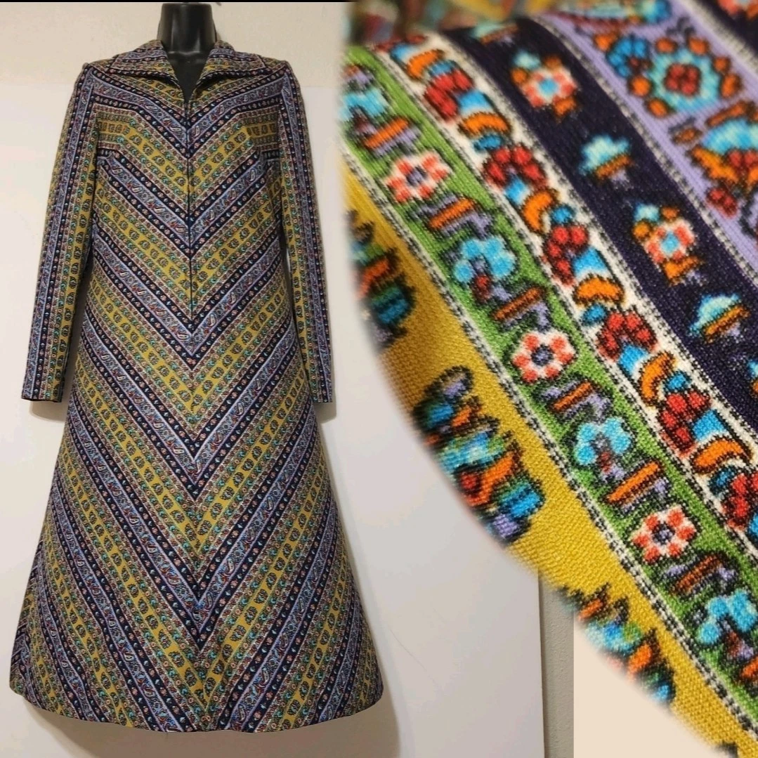 Robe midi vintage années 70 en jersey glaser supreme groovy made in England flower power