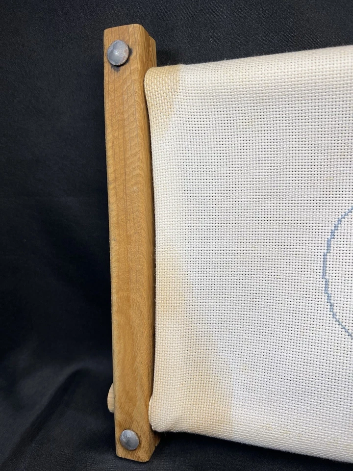 Vtg Needlepoint in Progress 14.75x9.2" Wood Embroidery Frame Scroll Lap Tapestry - Image 4 of 4