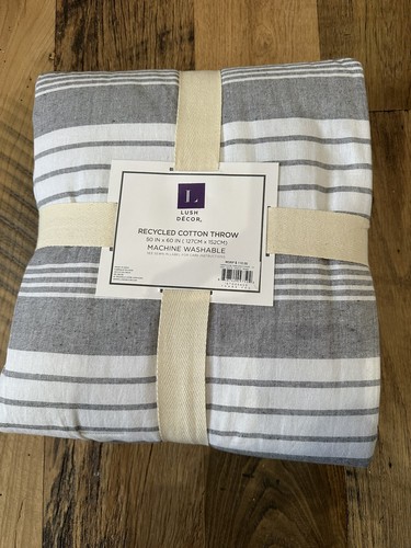 Lush Decor Boho Coastal Farmhouse Striped Kanta Pick Stitched Throw Gray Blanket - Picture 3 of 6