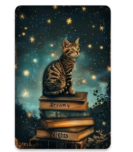 Vintage Tabby Cat Metal Wall Sign Starry Night Books Dreamy Nights 8x12