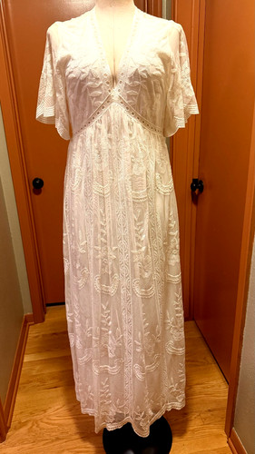 maxi length lace embroidered dress by Pink Blush. Great for wedding, graduation