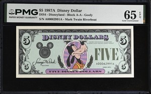 RAREST 1987 AA $5 Disney Dollar Goofy PMG 65EPQ DIS4 A00062991A Disneyland