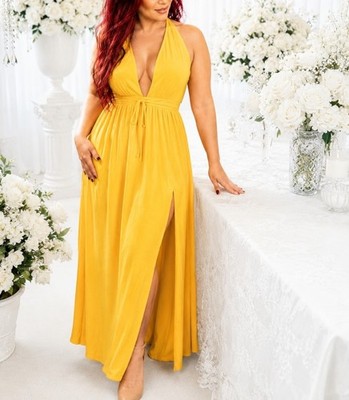 Sunshine Goddess Yellow Maxi Dress | Halter Style Open Back Side Slit...