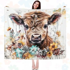 50 x 60 Highland Cow Blanket Cute Farm Flannel 50 x 60 inch, Watercolor 