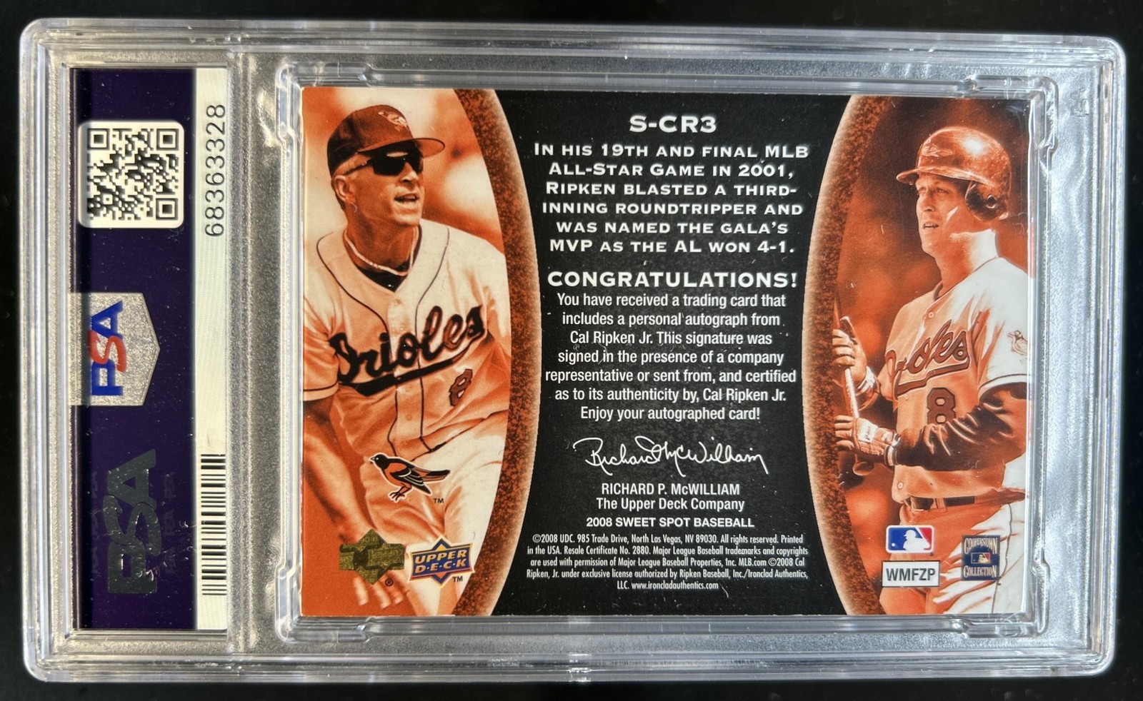2008 Sweet Spot Cal Ripken Jr. Signatures Red Stitch Blue Ink Auto #/258 PSA 6 view 2