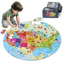 USA Map Puzzle 70 Pieces - Jumbo Round Jigsaw for Kids 4-10, Educational Geograp
