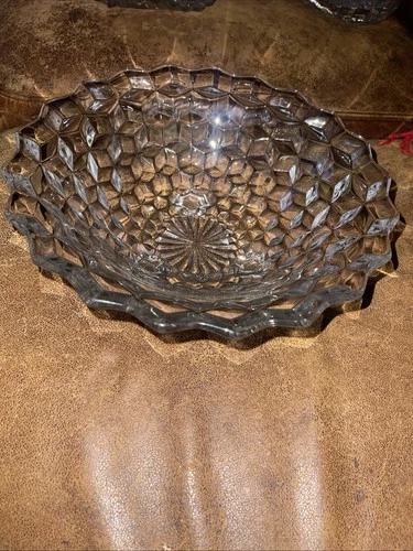 Vintage Fostoria American Three Footed Bowl 10"x 4" Glass Cube Pattern