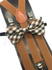 Maroon Plaid Bow Tie & Brown Suspender Matching Set Tuxedo Wedding Accessories 