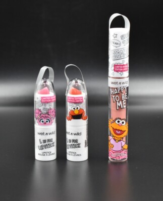 Wet n Wild SESAME STREET (3) HAPPY TO BE ME LIP GLOSS LIPSTICK ELMO, ZOE, ABBY