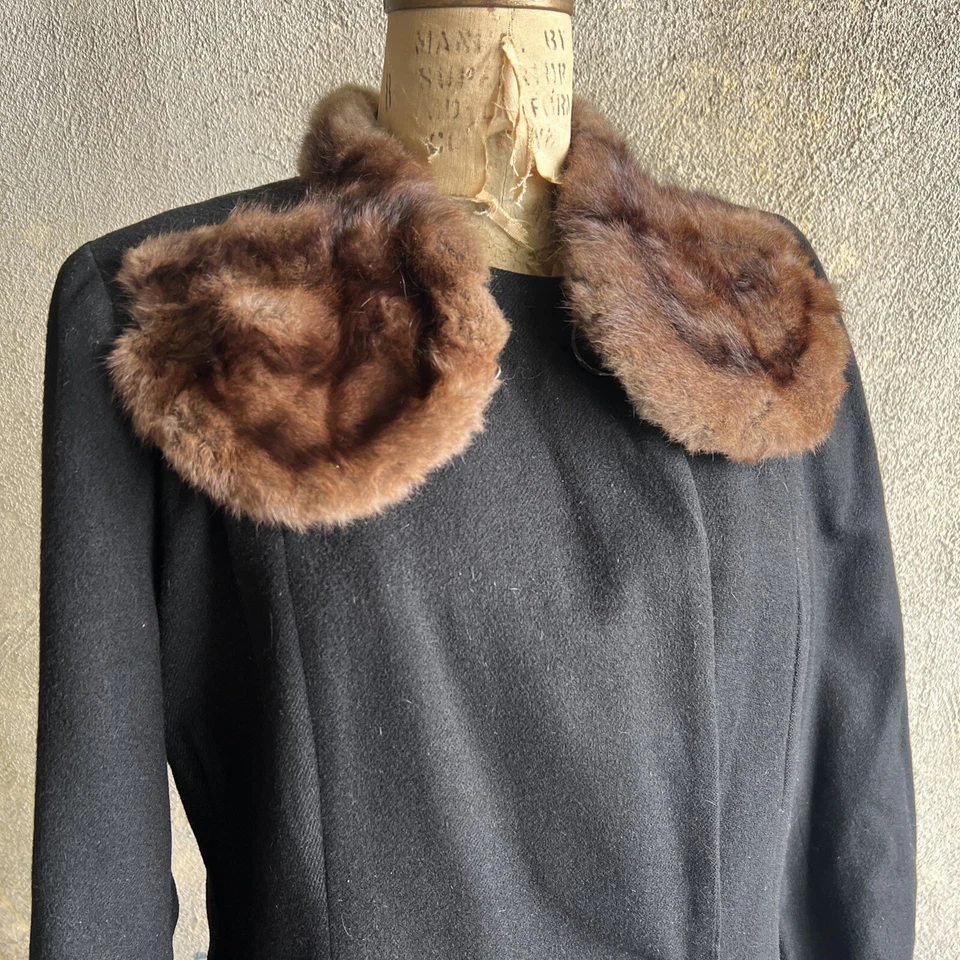 Vintage 1930s Black Wool Coat Brown Mink Fur Satin Liner Jacket Art Deco 1940s - Image 2 of 4