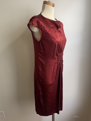 Abito floreale Manila Grace Seta Stretch Velluto Rosso Bordeaux Made in Italy Medium - Foto 5 di 11