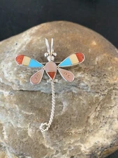 Turquoise Mother of Pearl Zuni Sterling Silver Dragonfly Inlay Pin Pendant 12325