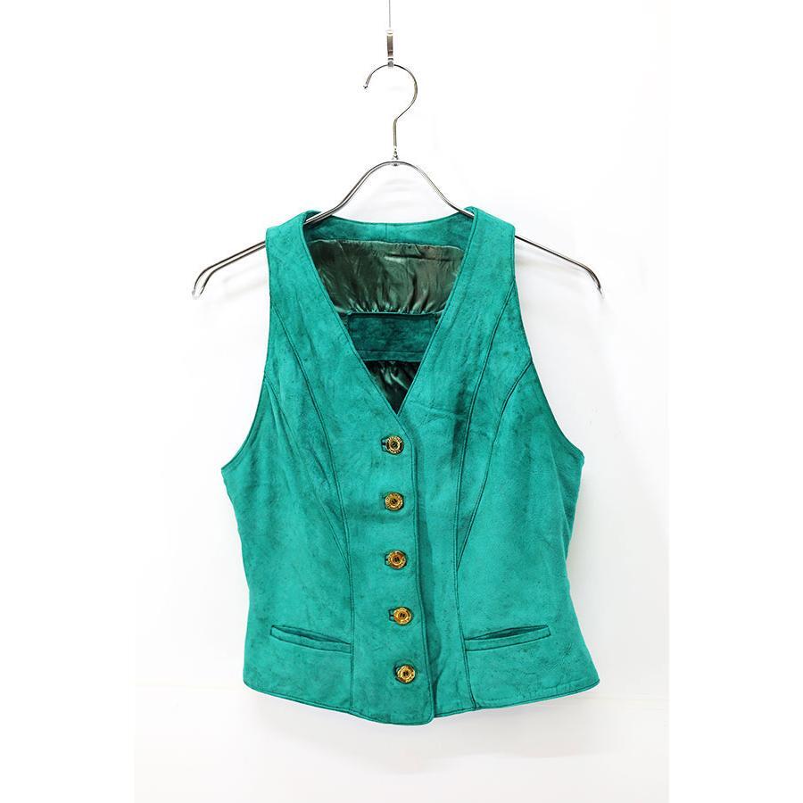 Used Womens 90s JEAN CLAUDE JITROIS Suede Leather Vest Size S 相当 古着 JITROIS Woman's Ladies Vest Green Suede Leather button 90s
