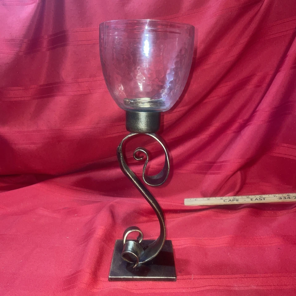 Antiqued Bronze & Glass Pedestal Tea Light Candle Holder T-Lite Ribbon Tuscan - Image 3 of 4