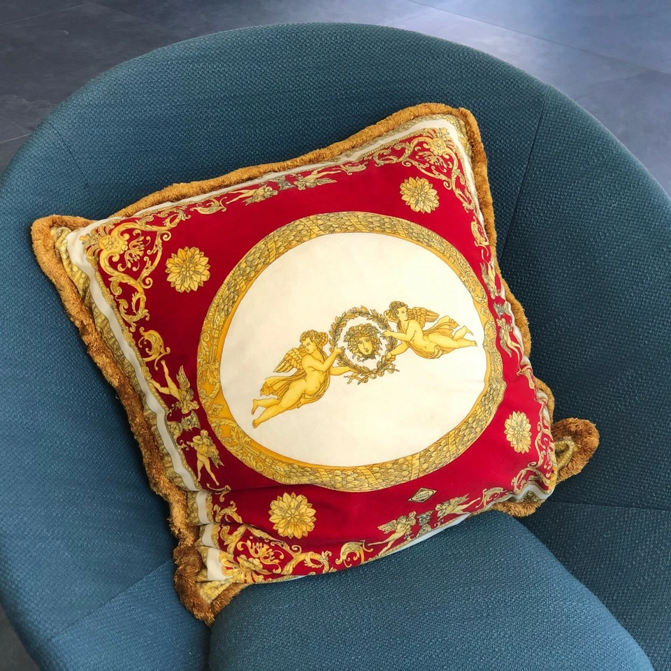 GIANNI VERSACE velvet fringed pillow Baroque Canova's Angels w/ Medusa print 25” - Image 3 of 4