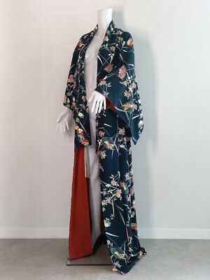 vintage silk kimono dress Houmongi Kimono Dress Gown with String Belt Upcycled from Vintage Japanese Kimono "blue,genjiguruma, DRE033"