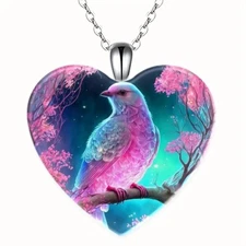Colorful Bird Pattern Love Heart Crystal Pendant Necklace Jewelry Accessories