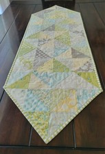Handmade quilted table runner/blue Green,yellow/ Patchwork/floral/green Binding