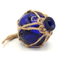 Fischerkugel aus Glas Durchmesser 5cm im Hanfnetz Blau