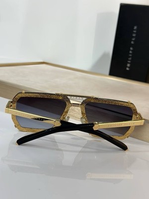 Philipp Plein Designer Sunglasses Gold Frame Black Arms Square Dark Lenses Luxur