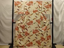 Heiwaya Kimono High-quality small pattern, fan pattern, gold color, pure silk,