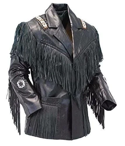 Men’s Native American Western Cowboy Leather Jacket Fringe & Beaded Design