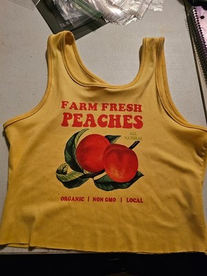SHEIN EZwear Yellow Ribbed Crop Tank Top Farm Fresh Peaches Graphic Size M Summe