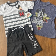 Mickey Mouse Set Boys 4 5 XS T-Shirt Pull-On Shorts Disney Jr Tee Stripes Summer