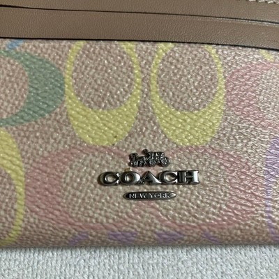 COACH CDF92 Pass Coin Case Key Ring Pastel Beige Coated Canvas New 2026