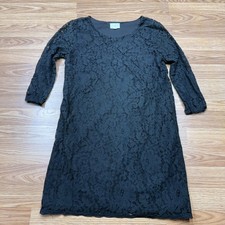 Everly Dress Womens Small Black Lace Floral Shift 3/4 Sleeve Scoop Neck Cocktail