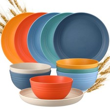 12 Pcs Wheat Straw Dinnerware Sets Plates and Bowls, 6 Pcs 9 Inch Dinner Plat...