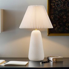 Textured Ceramic Table Lamp with Pleated Fabric Shade for Bedroom or Living Room