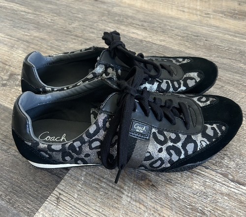 Coach Kinsley Lace Up Sneakers Metallic Black & Silver Leopard Print Size 9M