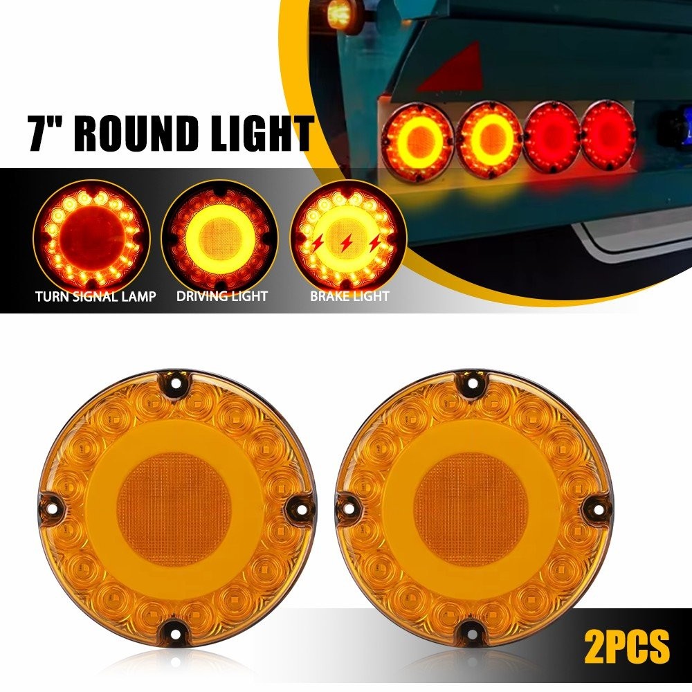 2PC in 7" Round Amber LED Tail Light Brake Turn Signal DRL Truck Bus Trailer Van