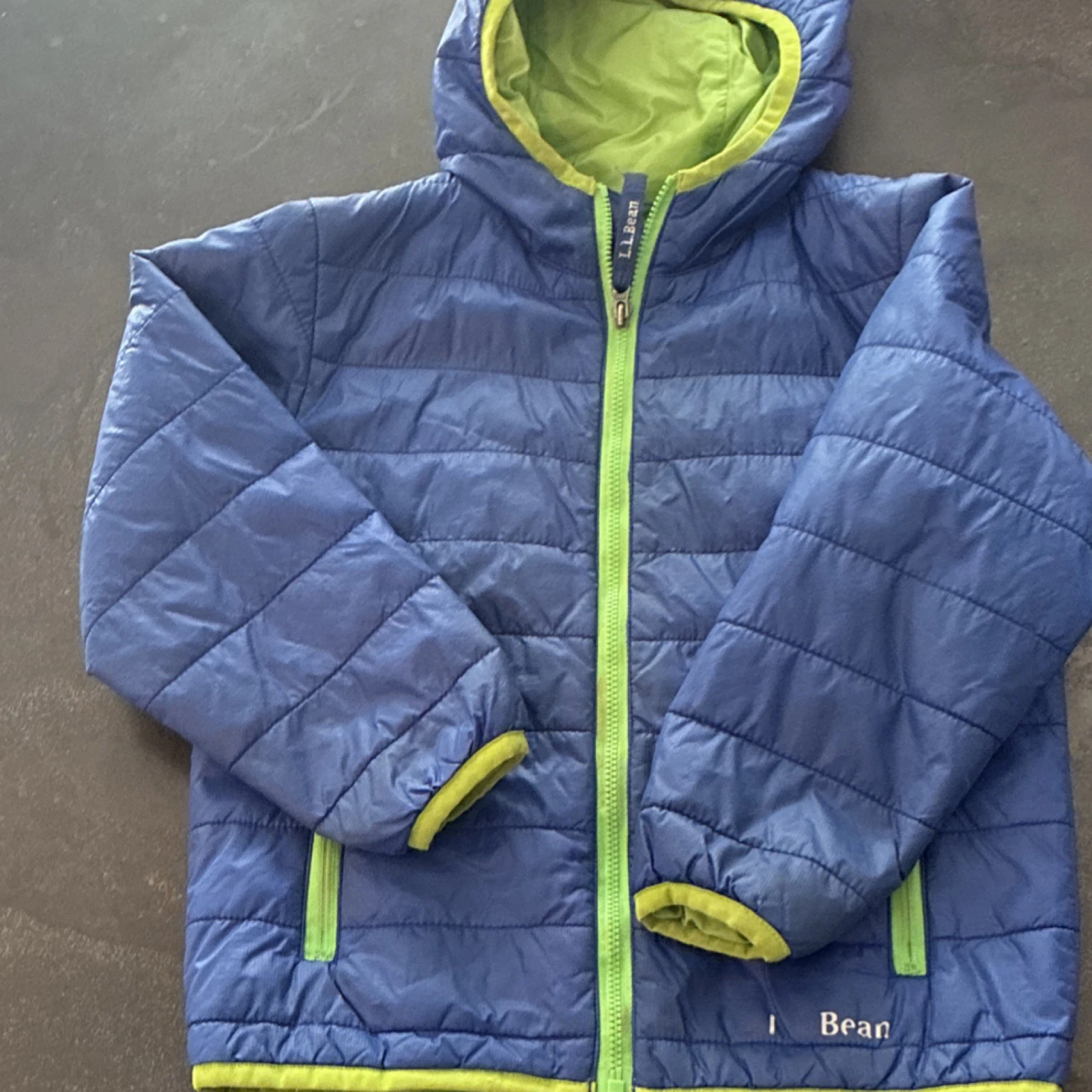 L.L. Bean Quilted Blue & Green Kids Unisex Hooded Jacket S4 Full Zip