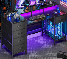 47 Inch Gaming Desk with Power Outlets and LED Lights, Reversible Computer Desk