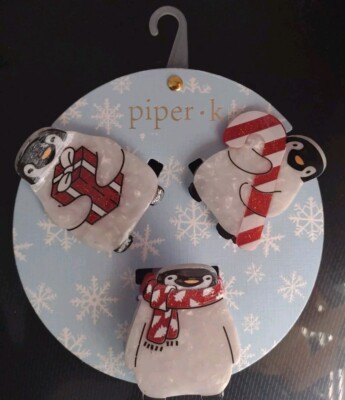 Christmas Girl's Women's 3 Piece Hair Claw Clips Set Cute Penguins. New Piper K