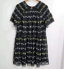 Ann Taylor Dress Black Floral Smocked A Line Short Sleeve Spring Size Large 