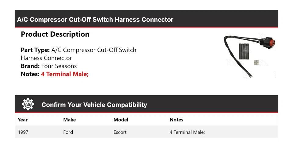 Conector de arnés interruptor de corte de compresor de aire acondicionado Ford Escort 1997 4 estaciones Foto 2 de 4