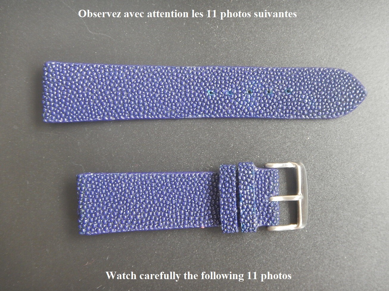 22 mm bracelet galuchat véritable naturel bleu reflets violet