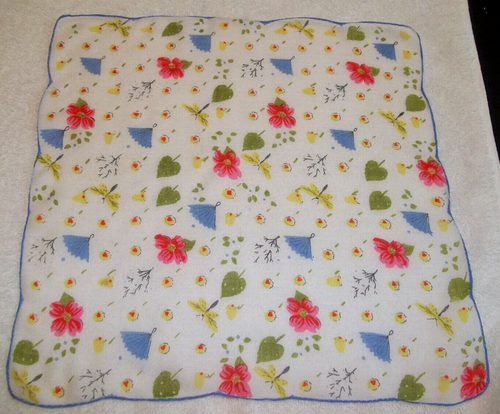 Vintage NOVELTY Ladies Handkerchief Flowers Fans Dragonflies Hand Rolled Hem