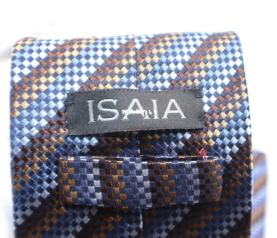 Corbata de seda Isaia Napoli para hombre patrón a cuadros hecha en Italia marrón y azul de lujo Foto 2 de 4