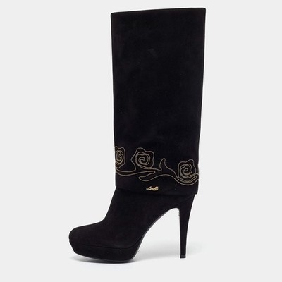 Loriblu Black Suede Cuff Embroidered Knee Length Boots Size 375
