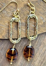 Beautiful  Etched Gold Earrings with Tortoise Beads