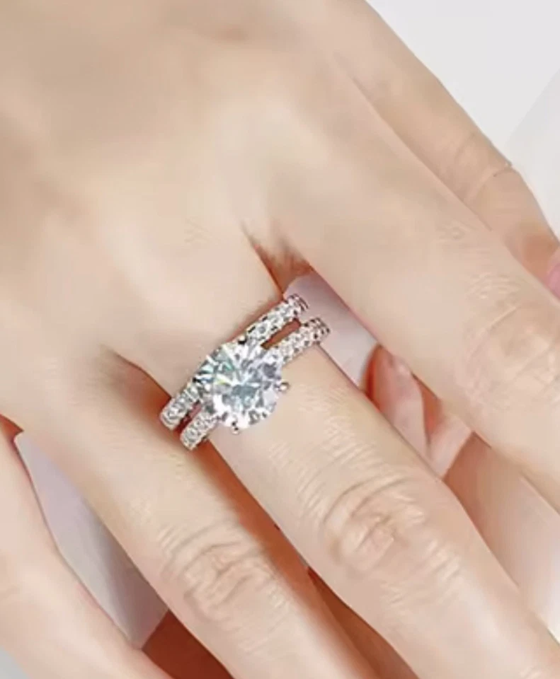 Set Anelli Anelli Argento - Oro Con Diamanti Moissanite 3 Carati - 8 (18.1 mm) - Immagine 3 di 4