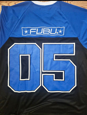 FUBU Men's 2XL V-Neck Mesh Jersey Blue/Black/White Graphic Print Logo