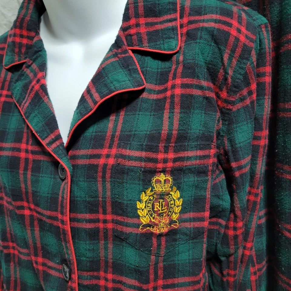 Lauren Ralph Lauren 格子法兰绒睡衣套装红色绿色 L 码圣诞睡衣 — 第 2/4 张图片