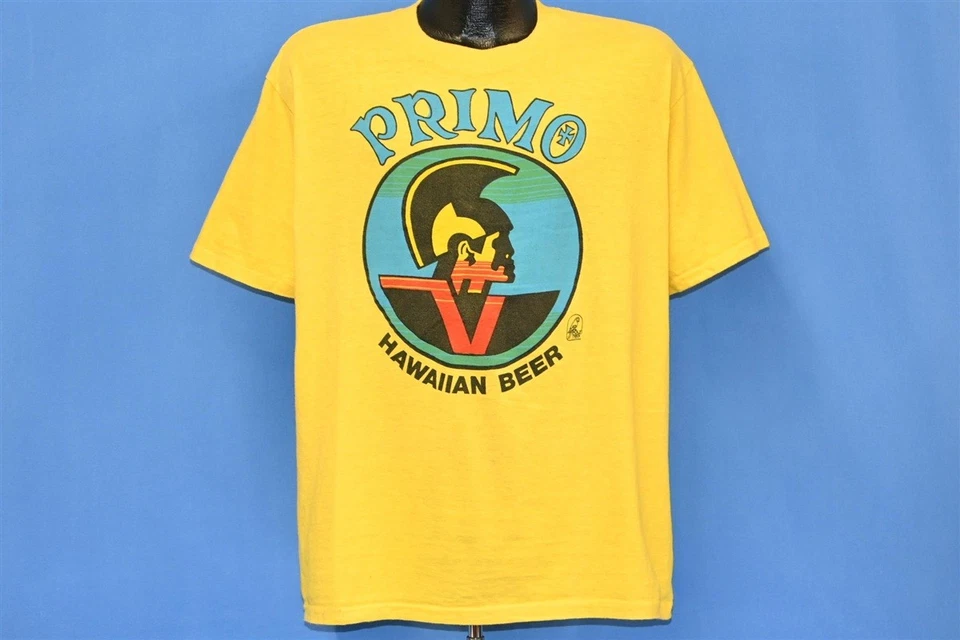 Camiseta vintage anos 70 PRIMO HAWAIIAN BEER POLI ALGODÃO AMARELO HI CRU GRANDE G - Imagem 2 de 4