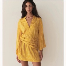 NWT Doen Leona Long Sleeve Mini Dress with Sash Yellow Jacquard XS